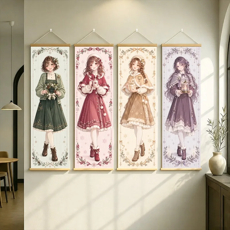 Anime Girls in Vintage Floral Dresses Hanging Scroll with Soft Green, Pink and Purple Tones for a Cozy Reading Nook