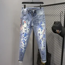 Harajuku 2023 Latest Hip-hop Style Korean Luxury Jeans for Men with Bear Print Design Slim Blue Washed Stretch Denim Pants Man