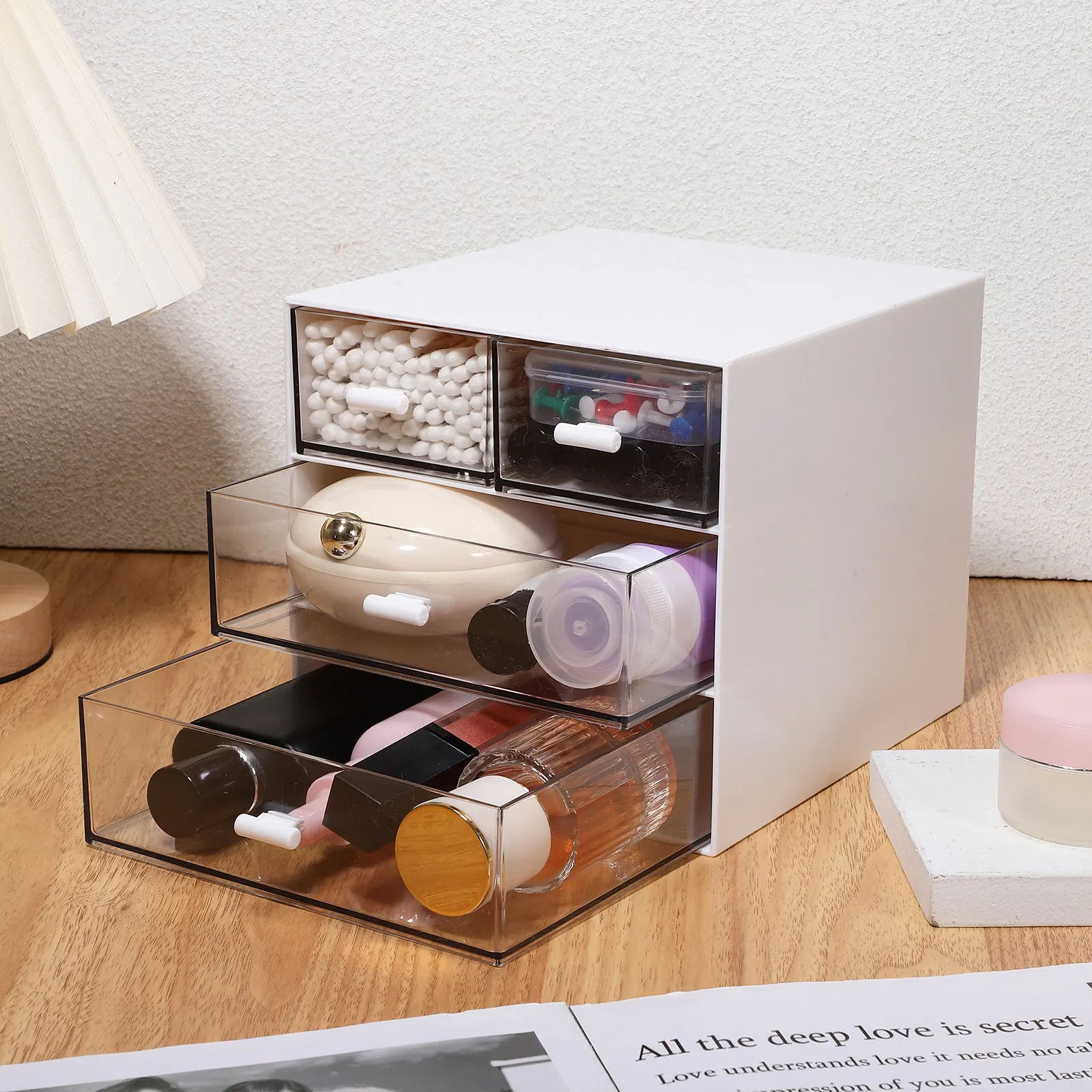 デスクトップ引き出しオーガナイザー-3段プラスチック収納ボックス-透明引き出しとスムーズなハンドル付き-メイクアップ用品、雑貨、文房具の整理に