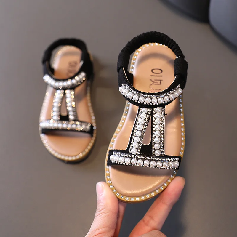 Girls Princess Sandals 2026 New Summer Classic with Pearls Beaded Kids Flat Sandals Open Toes Anti-skid Soft Children Shoes