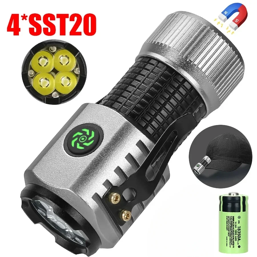 

2000LM Powerful EDC Flashlight 4*SST20 LED Mini Torch with Tail Magnet and Clip USB Rechargeable Outdoor Camping Fishing Lantern