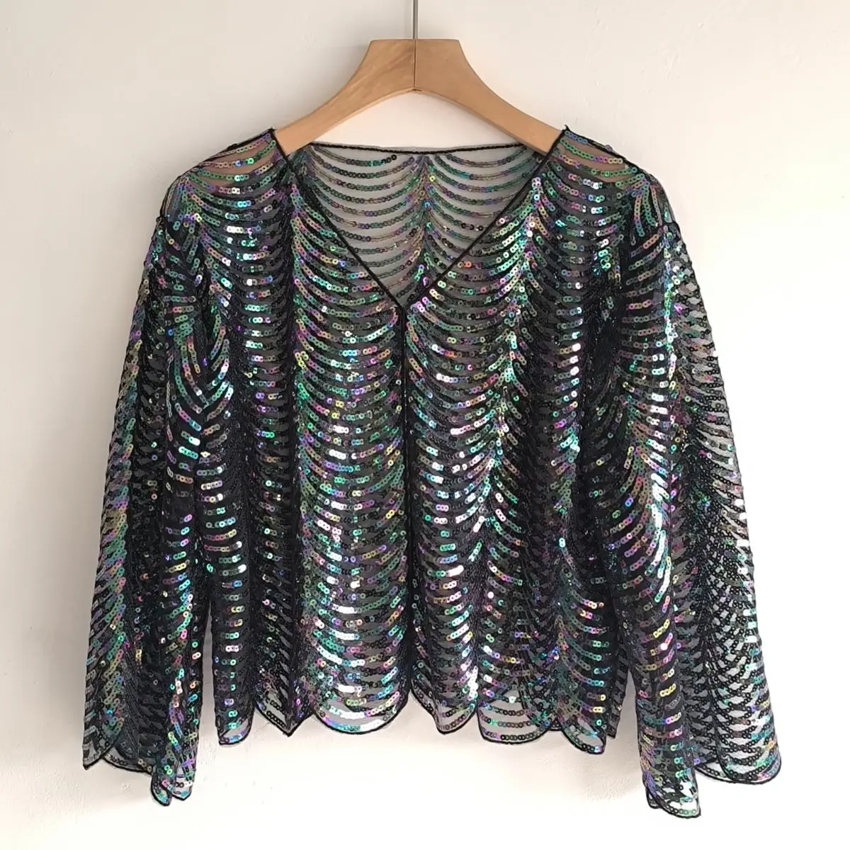 Colorful V-neck Cut-out Trendy Shawl Cropped Mesh Sequin Versatile Sunscreen Top Temperament Cardigan