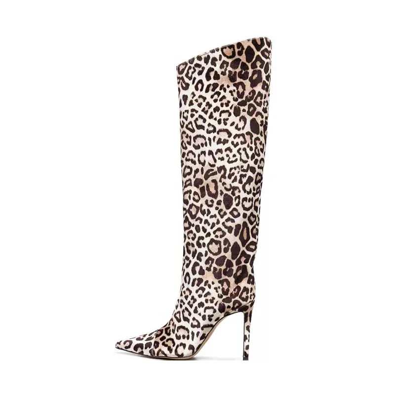 Arden Furtado 2024 Woman's Brown leopard print Suede Knee high boots Pointed toe Slip-on Stilettos heels Modern boots large size