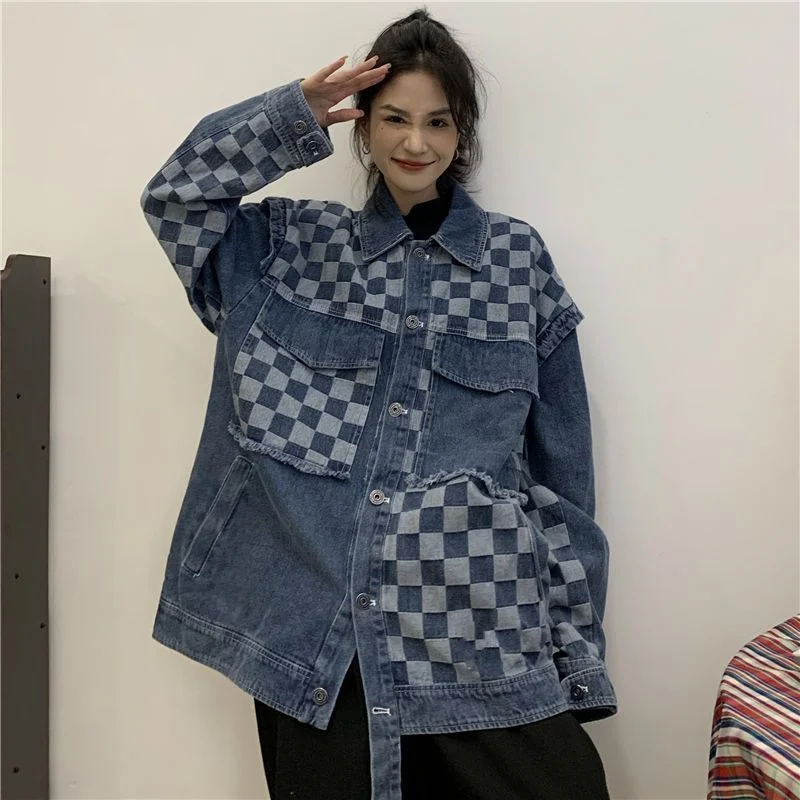 Deeptown Denim Jacket Women Oversized Korean Fashion Streetwear Black Vintage Plaid Jeans Jackets Chic Elegant Gothic Loose Coat