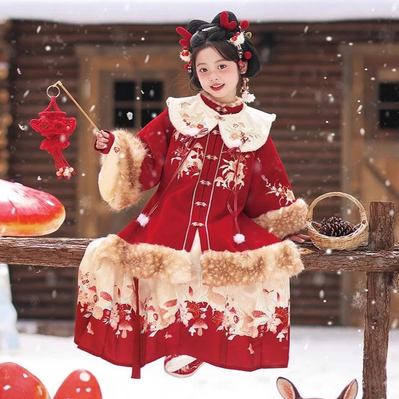 

Girls New Red Winter Warm Quilted Hanfu Dress Kids Ancient Fairy Costume Children Tang Suit Chinese New Year Clothing