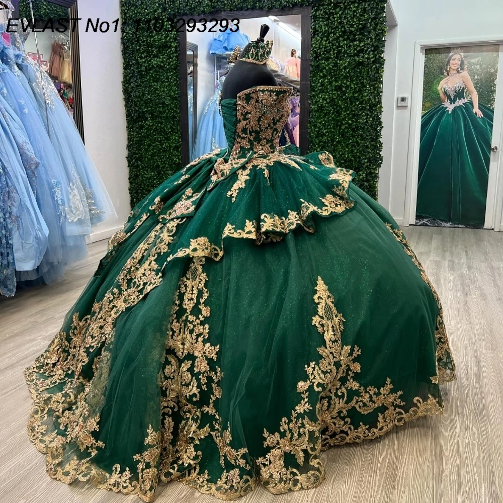 EVLAST Personalizzato Glitter Verde Abito Quinceanera Abito di Sfera Oro Applique di Pizzo Che Borda Messico Dolce 16 Vestido De 15 Anos E1Q213