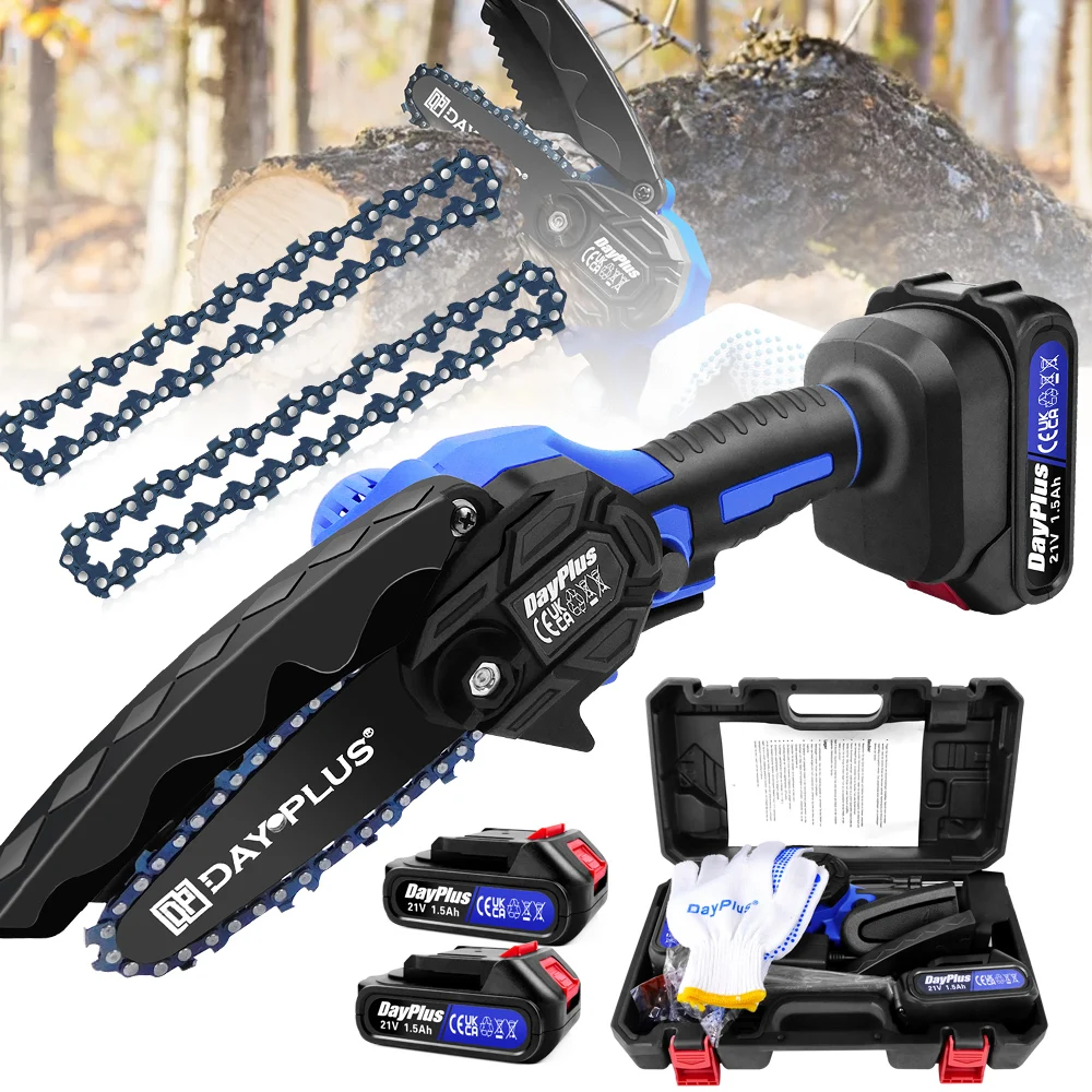 Outil de coupe de bois, mini tronçonneuse électrique sans fil de 6 pouces, batterie de 1,5 Ah, tronçonneuse à batterie pour la coupe de branches d'arbres et de bois, avec verrou de sécurité et