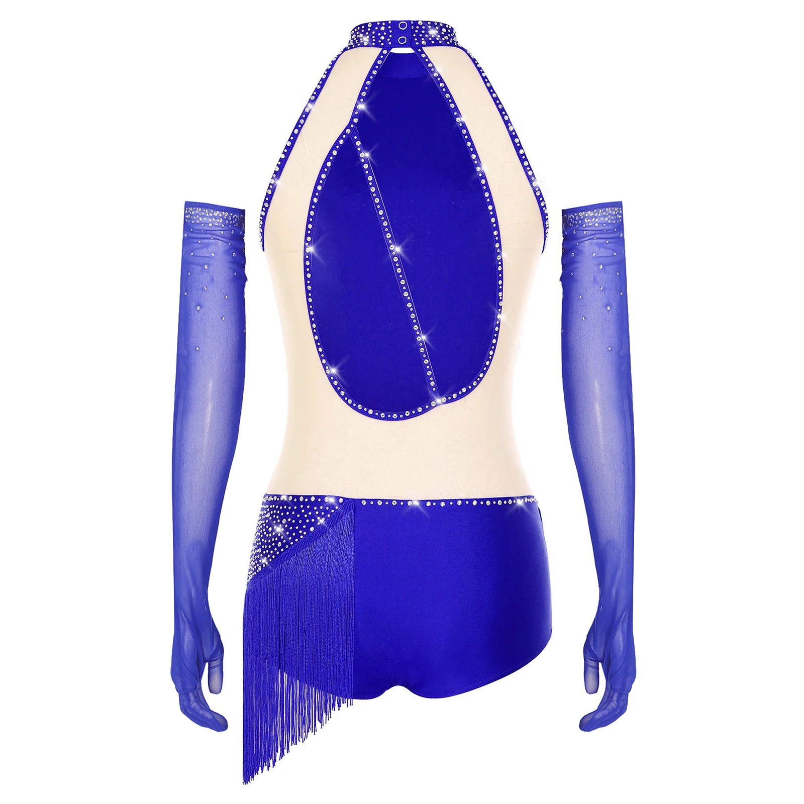 Vestido de leotardo de baile de patinaje artístico para mujer, traje de actuación de Tango latino Cha-cha Samba, mono con diamantes de imitación y conjuntos de guantes