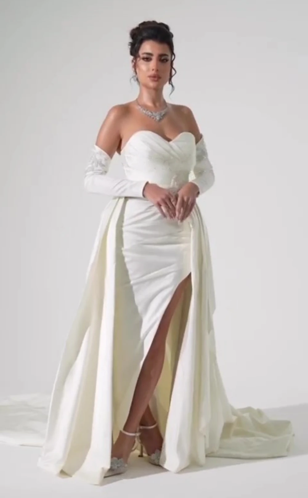 Hochwertige funkelnde exquisite Jersey Pailletten Perlen geraffte A-Linie schulter freie maßge schneiderte Anlass Kleid lange Kleider