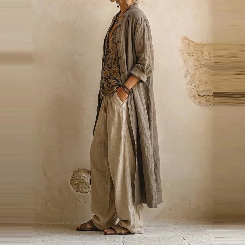 

Lady Fashion Button Vacation Suit Elegant Cotton Linen Loose 3Pc Outfits V-neck Print Sleeveless Vest & Long Pant & Cardigan Set