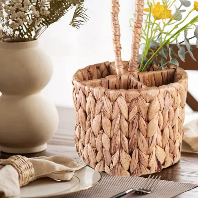 Rattan Wicker Storage Basket Hand Woven Flatware Organizer Round Storage Box Water Hyacinth Storage Basket Cutlery Holder