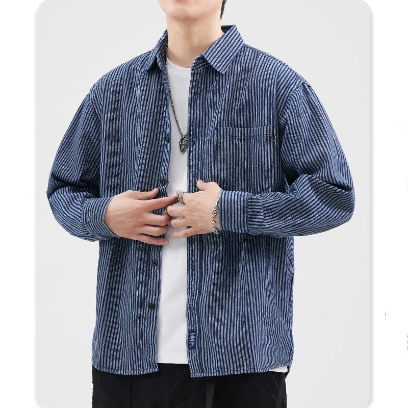 Autumn new vertical striped shirt men's senior sense loose commuter shirt long sleeve coat