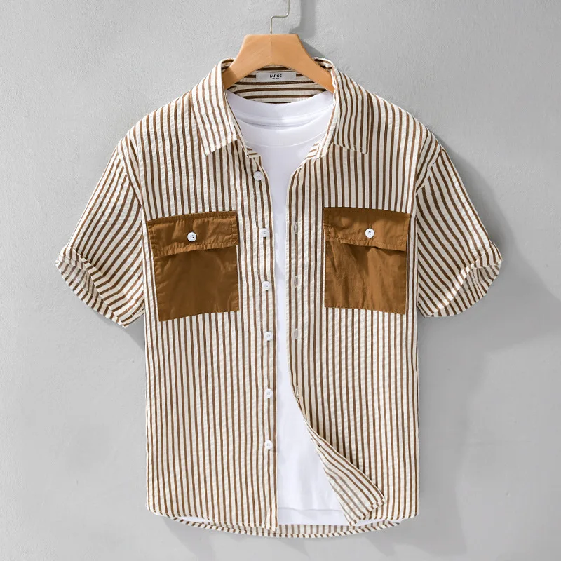 

Casual Shirts For Men's Vertical Striped Tops Bubble Texture Short Sleeve Stylish Button-Up Dress Shirt Cotton Beach Shirts