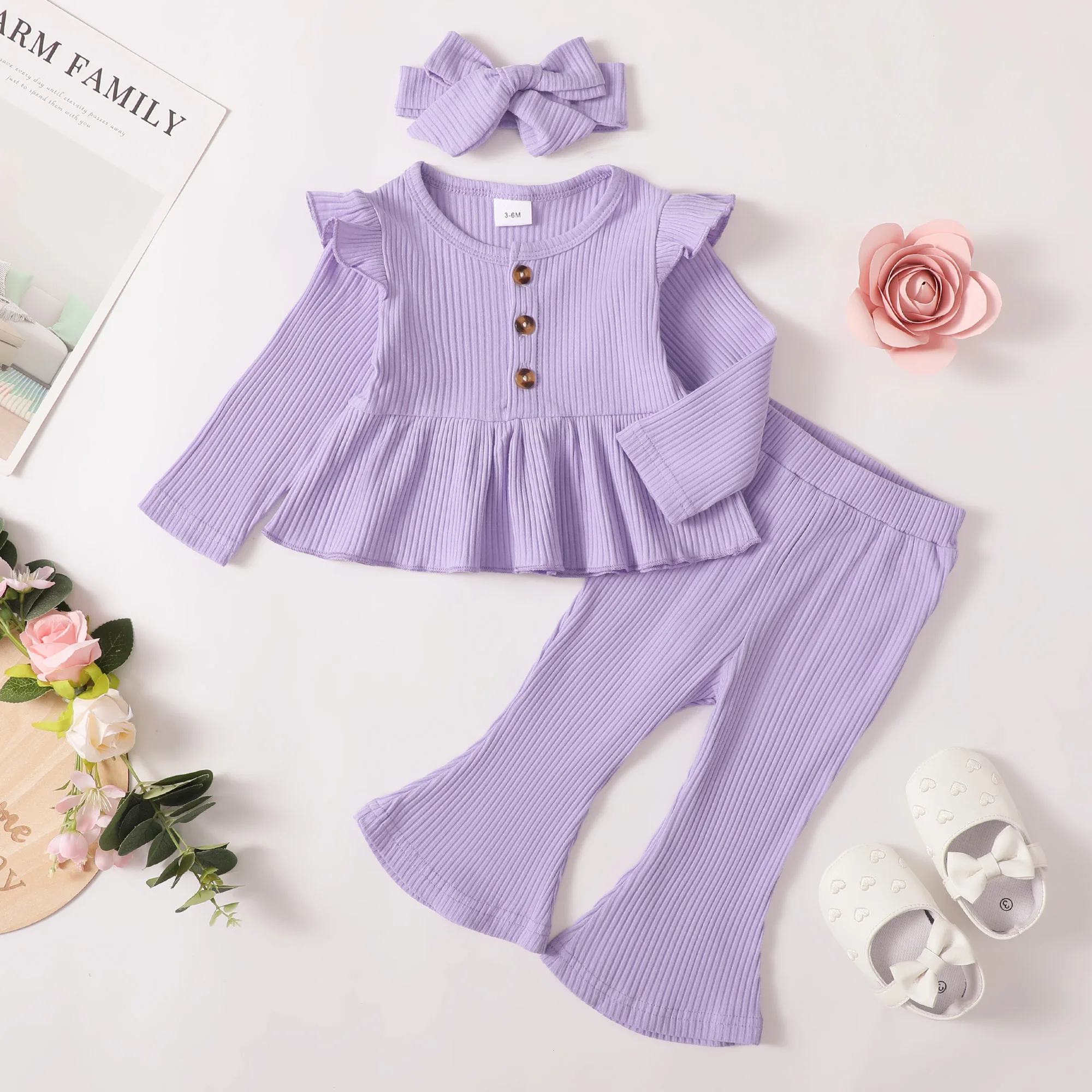 3pcs Baby Girl Clothing Casual Cute Solid Color Long Sleeve Ruffle Top Flared Trousers Headwear Baby Set For Autumn And Winter