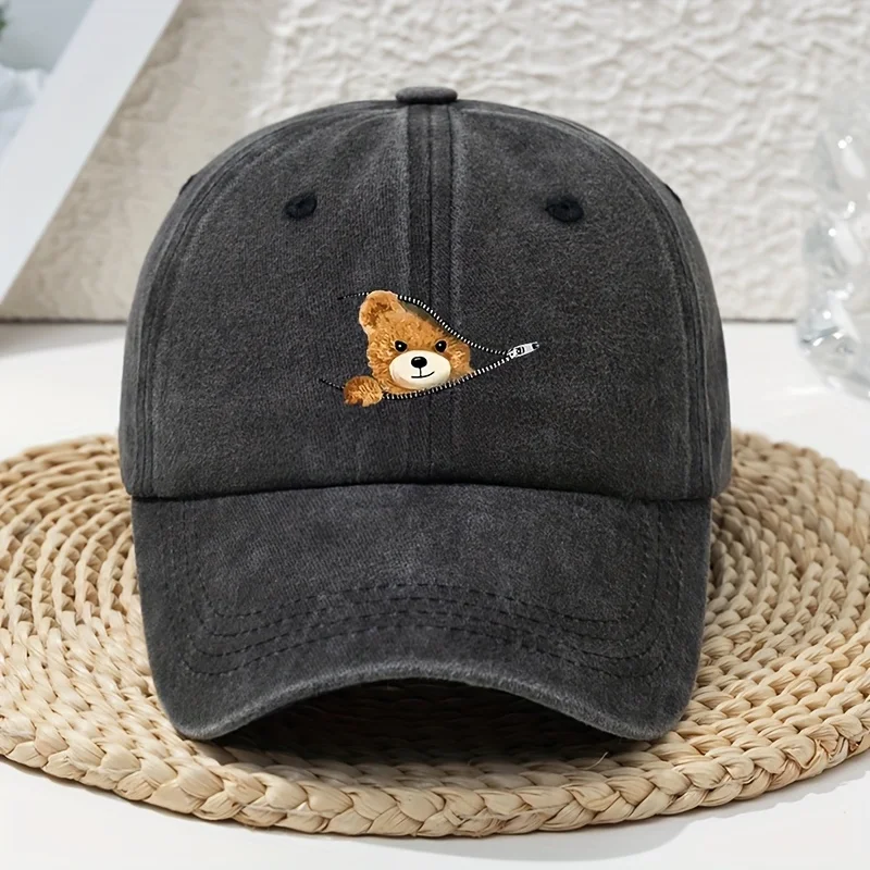 Cartoon zipper bear print baseball cap, versatile for spring and summer, retro soft top, distressed, washed dad hat