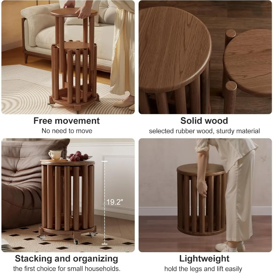 Set Kursi Tumpuk 4 Buah, Kursi Kayu Bulat 18 Inci, Kokoh dan Tahan Lama, Meja Samping Tumpuk, Meja Bersarang untuk Ruang Tamu