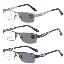 Metal Frame Photochromic Glasses Trendy Business Multifocal Reading Glasses Women Men Half Frame Color Changing Presbyopia