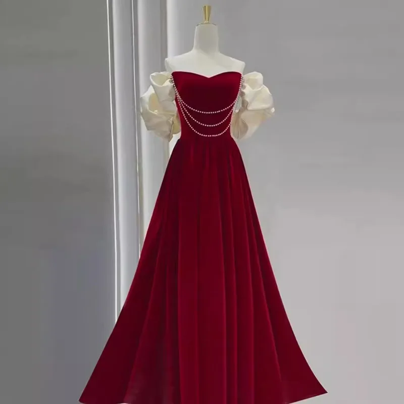 Customized French Style Wine Red Velvet Celebrity Dress Elegant Gentle Strapless Wedding Engagement Dresses Off Shoulder Vestido