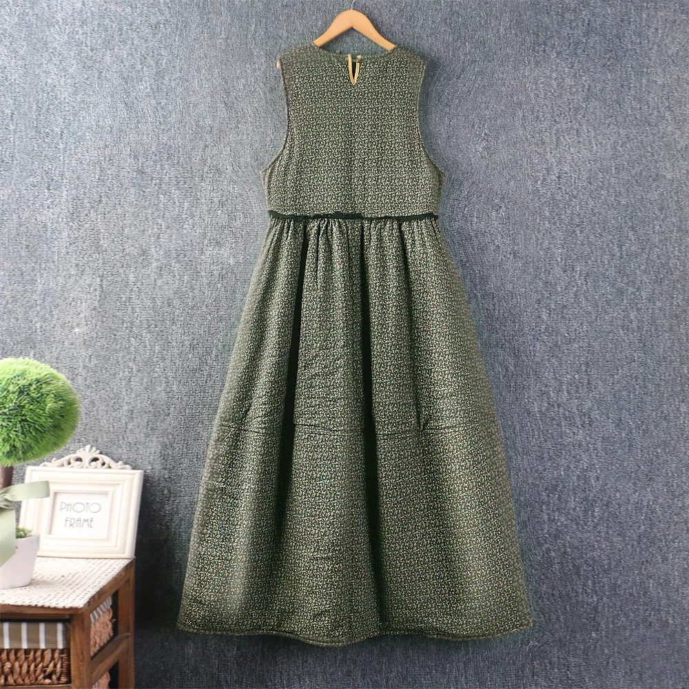 Damska Sukienka Bez Rękawów w Stylu Vintage Mori Girl z Kwiatowym Nadrukiem, Bawełniana, Ocieplana, Jesienno-Zimowa, z Dekoltem O-Neck, Luźna, Retro, Casualowa Sukienka na Ramiączkach