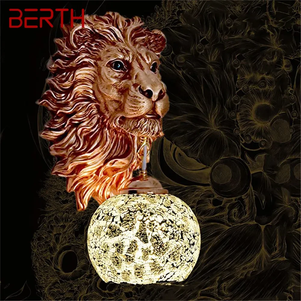 BERTH Contemporary Lion Wall Lamp Retro Creative Living Room Bedroom Bar Cafe Western Restaurant Aisle Decoration Wall Light