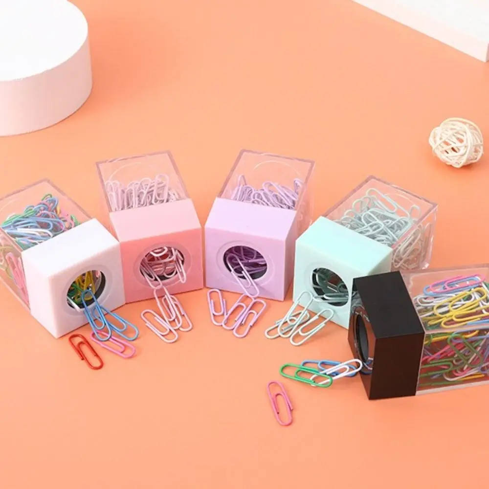 Square Student Stationery School Transparent Macaron Clips Dispenser Paperclip Holder Desk Storage Magnetic Absorption Box