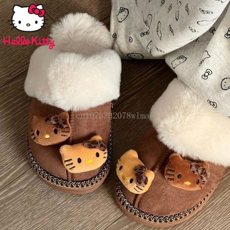 Cute Hello Kitty Slippers Winter Cosy Warm Fluffy Slippers Causal Dormitory Comfy Flat Cotton Shoes Ladies' Home Cotton Shoes