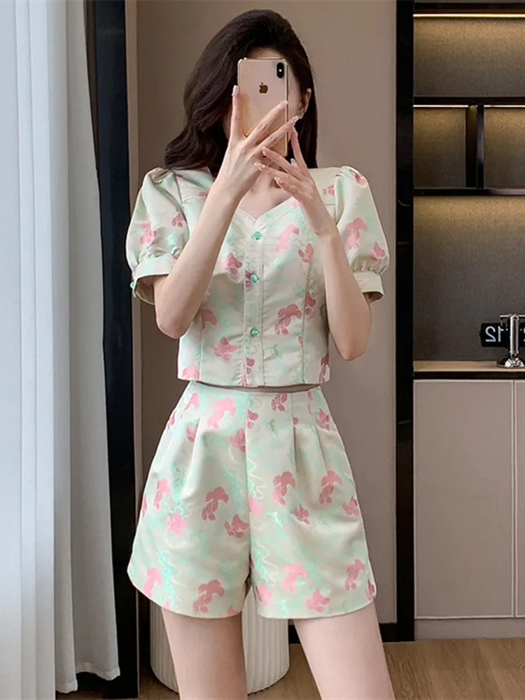 High Quality Small Fragrant Print Two Piece Set For Women Jacket Coat + Short Suits Fashion Casual Jacquard 2 Piece Pant Sets