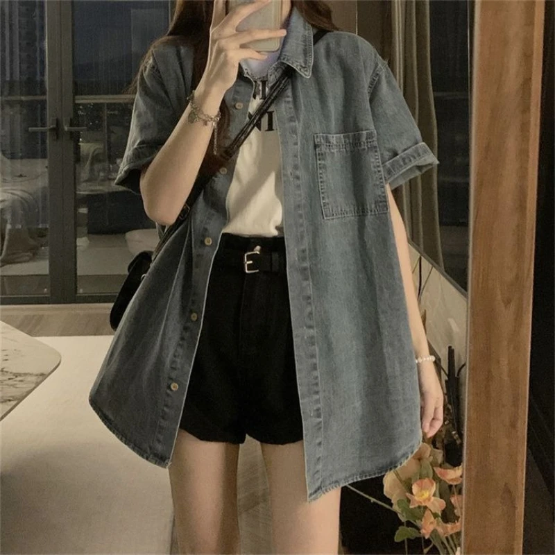 Minimalist Casual Trendy Denim Shirt Jacket Women's Summer Lightweight Vintage Short-Sleeve Mid-Length Loose Versatile