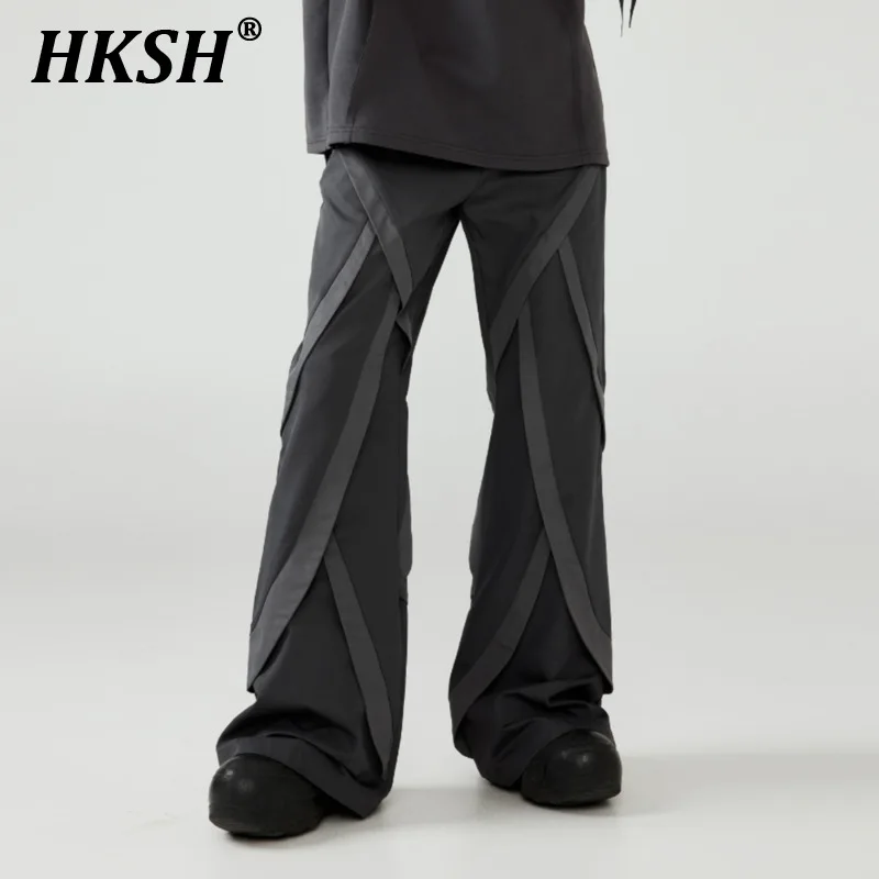 

HKSH Men's Tide Spring Summer Deconstructed Loose Leaf Design Color Contrast Spliced Curve Decoration Flare Casual Pants HK1551