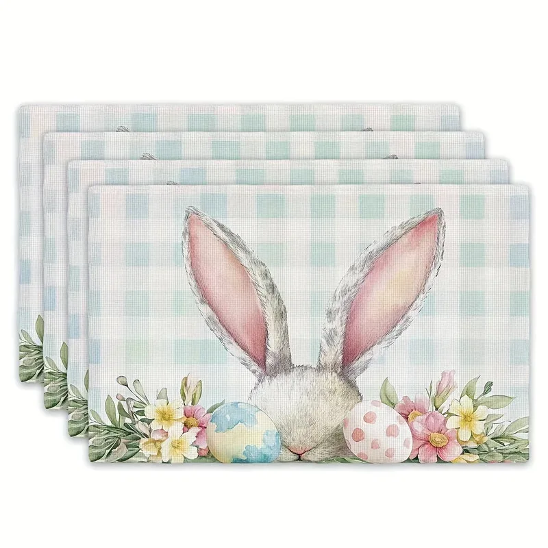 VIKAMA 4-teiliges Oster-Tischset mit Oster-Ei-, Blumen- und Hasenmotiven, perfekt für Feiertagspartys und Tischdekoration.