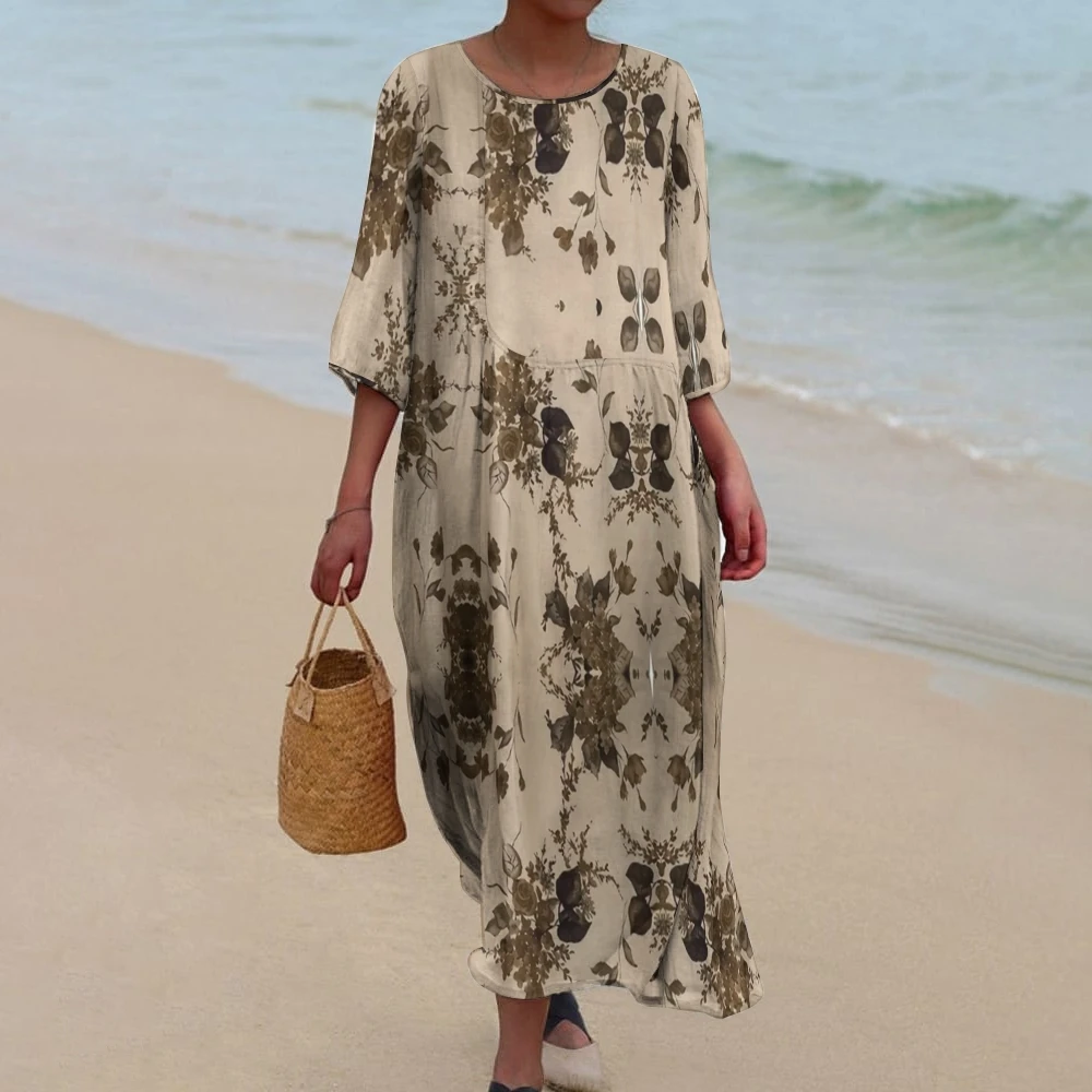 Dames casual bloemenprint volwassen en elegante lange rok strandkleding vakantie zomer oversized ronde hals slotrand ontwerp