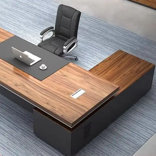 Modern Simple Extendable Office Desk & Chair Set, Durable Wood Panel Boss Desk for Manager, Executive and President Office