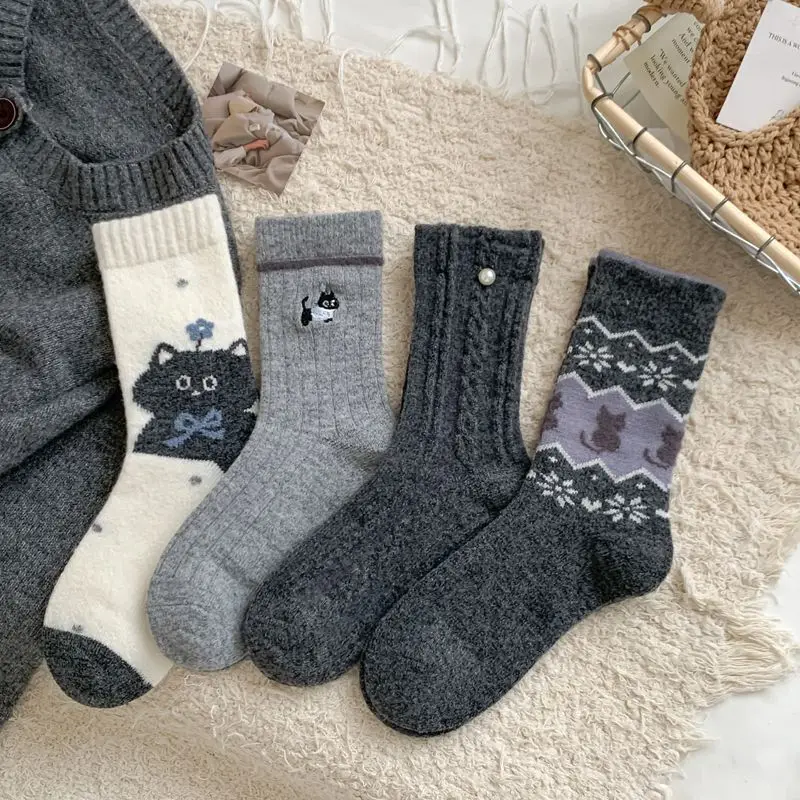 

Autumn Winter New Gray Fair Isle Socks for Women - Cute Cat Pattern Warm Wool Socks