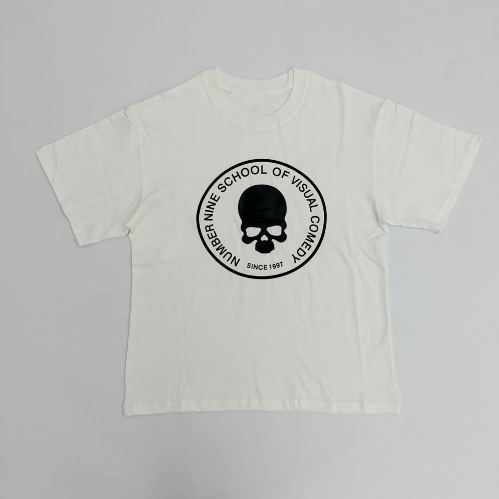 KK11 Number Nine N9 Skull Print Distressed Cracked Short Sleeved T-shirt Antique Black and White