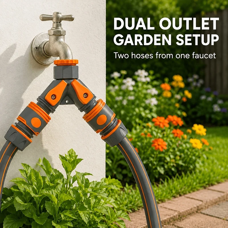 1 Set Y-Type Garden Hose Splitter Valve with 4Pcs 4-Way Quick Connect Fittings, Gray Orange Dual Color Rubber Gaskets
