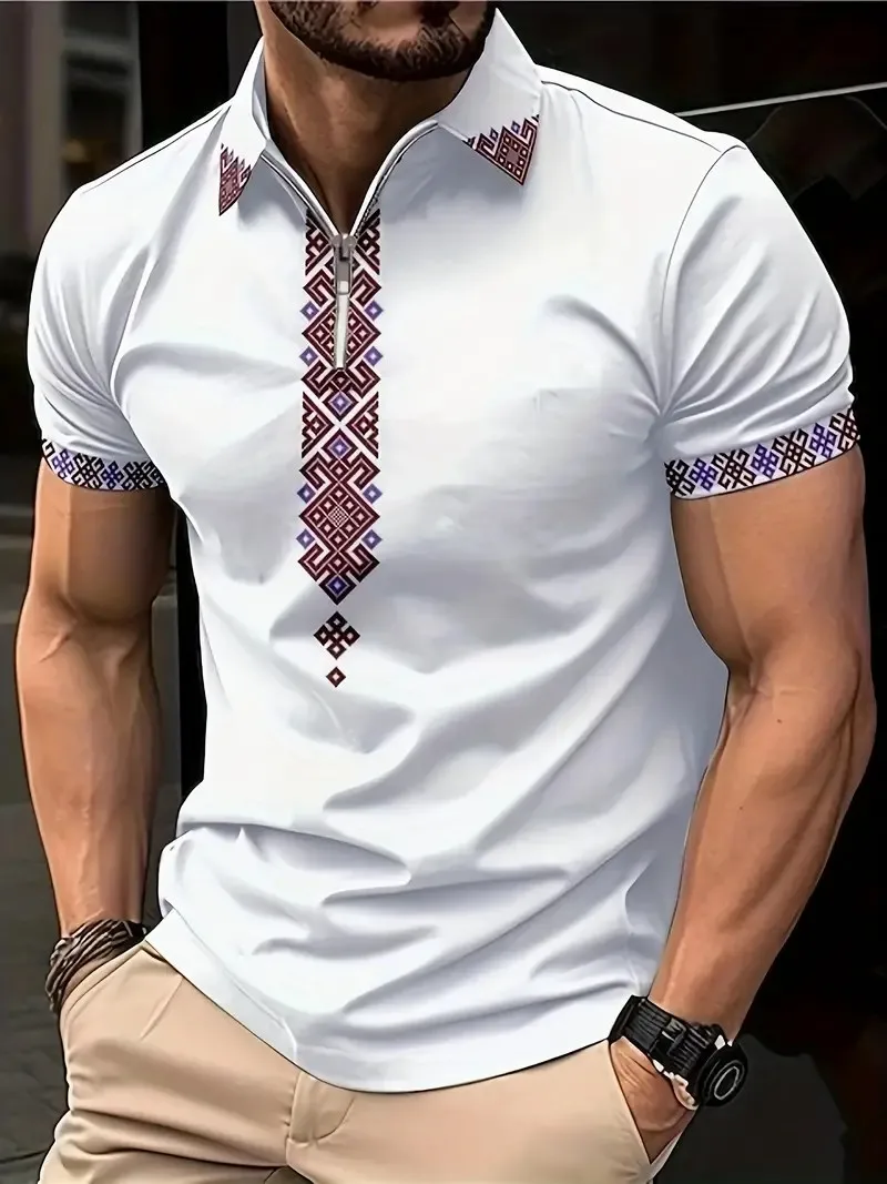 2024 Summer Fashion Men's Polo Shirt, Lapel Zip Stripe Tie Print, Men's Sports And Leisure Breathable Polo Shirt, Men's Shirt