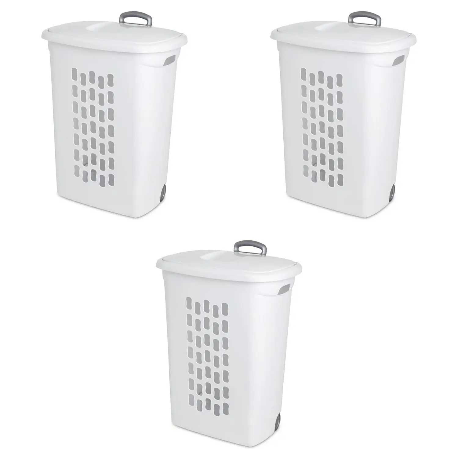 

3-Pack Ultra Wheeled Hamper, Laundry Basket w/ Flip-Top Lid & Retractable Handle - Plastic Rolling Clothes Storage, Customized