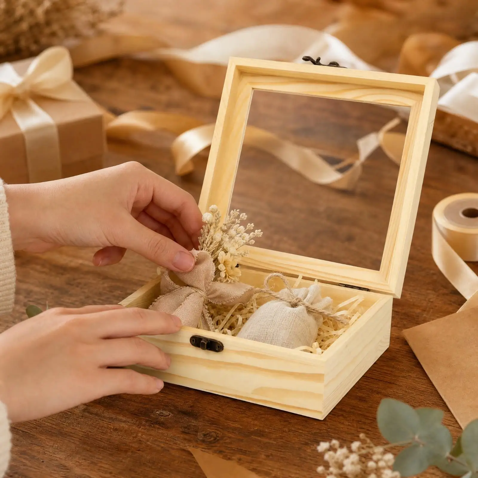 Rustic Solid Wood Storage Container with Window Lid for Jewelry and Small Items for Vanity Shelf