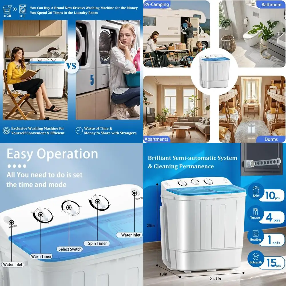 

Compact 11lbs Twin Tub Washer with Free Dry Rack, Ideal for 7lbs Spin Drying and Laundry Needs
