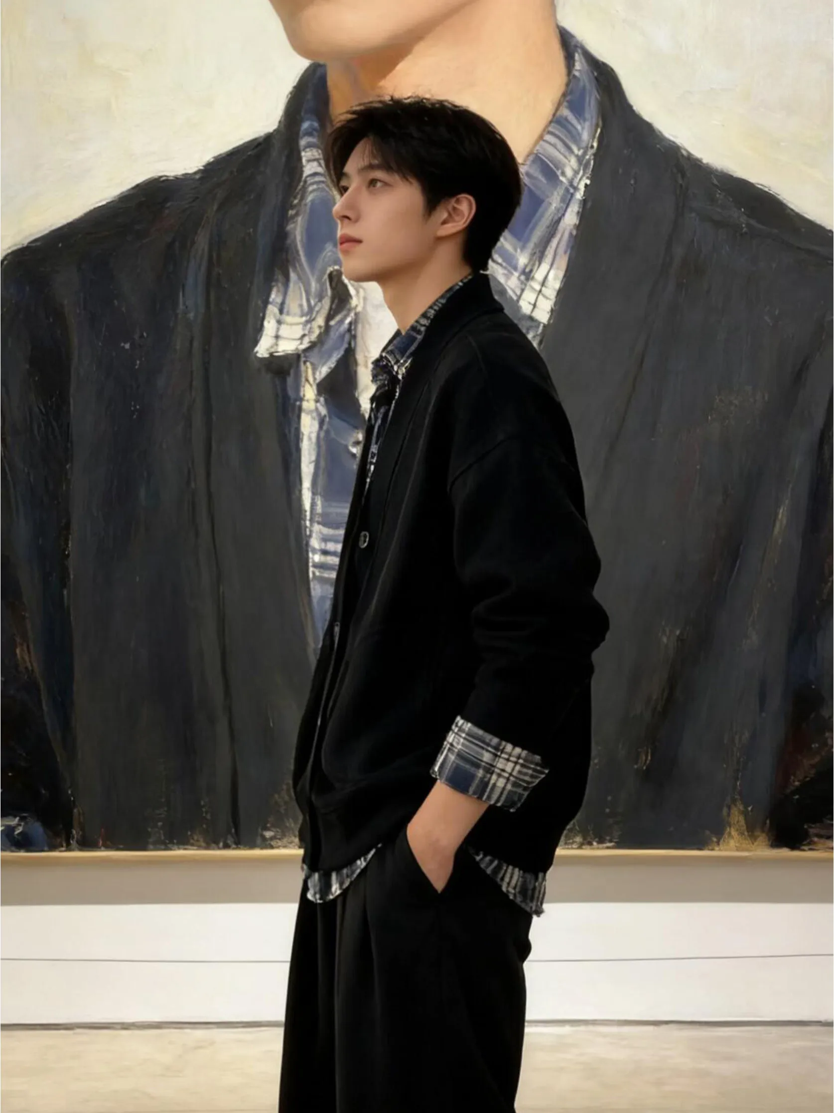 Korean Sle Bla Gingham V-Ne Men's Sweater Cardigan Spring High-End Feeling Layering Long Sve Comfortable Anti-Wrinkle