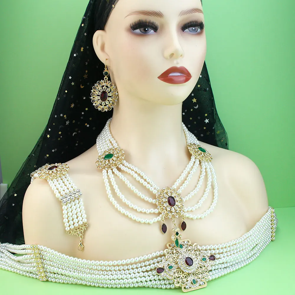 Neovisson Morocco Fashion Style Jewelry Sets Gold Color Pearl Caftan Belt Bead Necklace Crystal Earrings Bracelet Bridal Gift