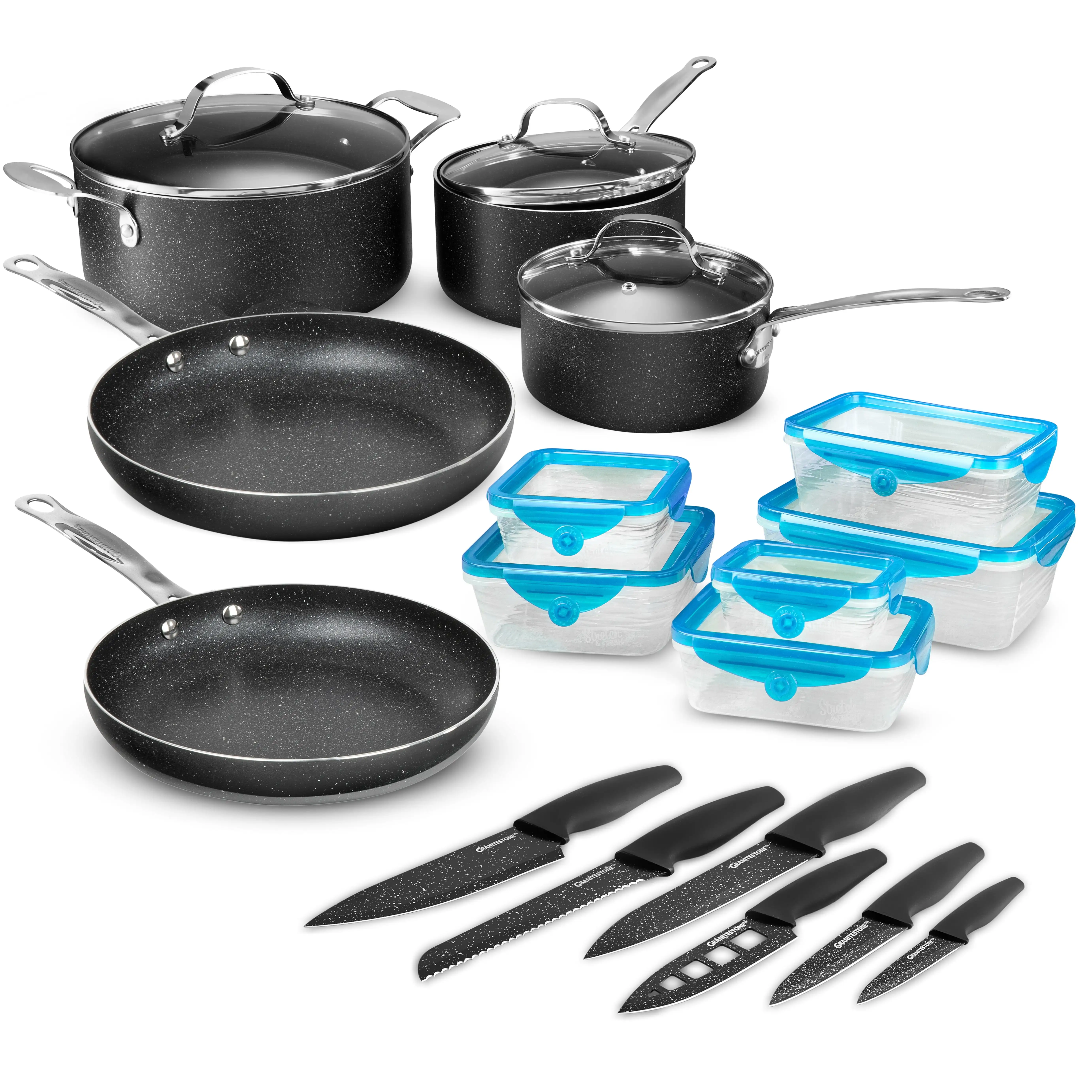 

Nonstick Pots and Pans 26 Piece Kitchen Cookware Knife and Storage Set With Lids Cooking Sauce Pan Skillet