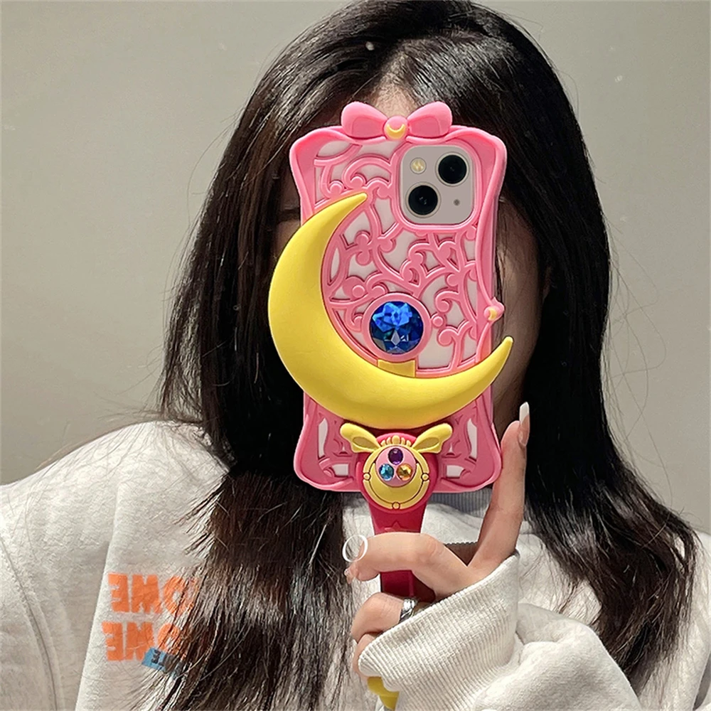 Japan Cute 3D Diamond Magic Wand Silicone Phone Case For iPhone 15 14 13 12 11 Pro Max Lovely Moon Star Shockproof Soft Cover