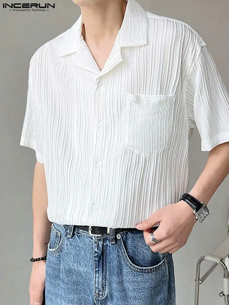 Men Shirt Folds Striped Lapel Short Sleeve Button Streetwear Korean Casual Shirts 2023 Summer Leisure Men Clothing S-5XL INCERUN