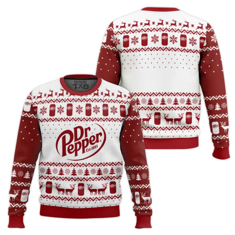 

Dr. Pepper Christmas Ugly Sweater Chili Band Snowflake Reindeer Full Prints Funny Skeleton Red And White Contrast Festival Party