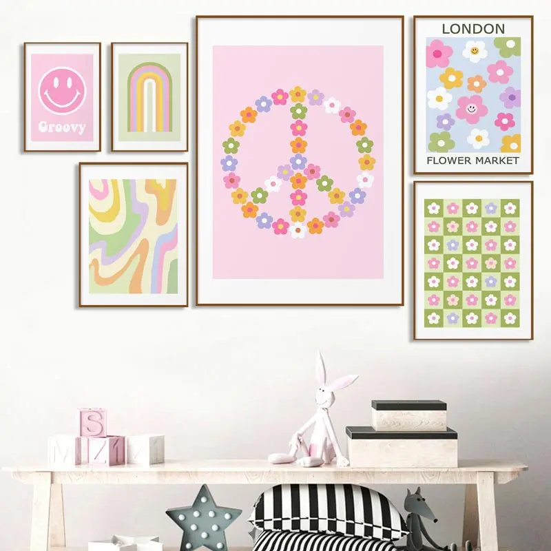 Colorful Danish Pastel Canvas Painting Happy Floral Poster Artwork Smiley Face Flower Rainbow Print Wall Art Nursery Home Decor