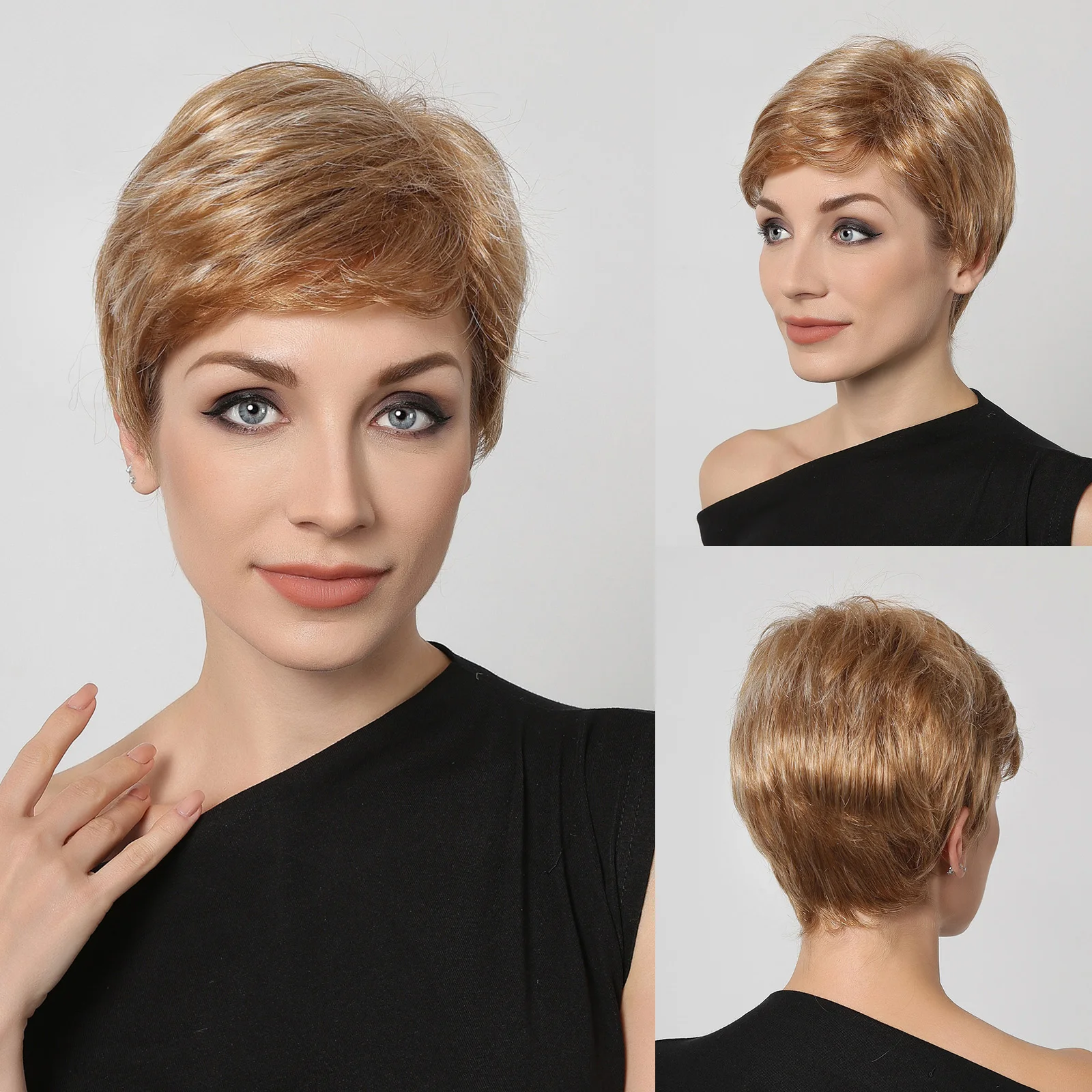 Synthetic Light Brown Platinum Highlights Short Straight Wigs With Pixie Cut Bang Hair Wig for Women Daily Party Heat Resistant
