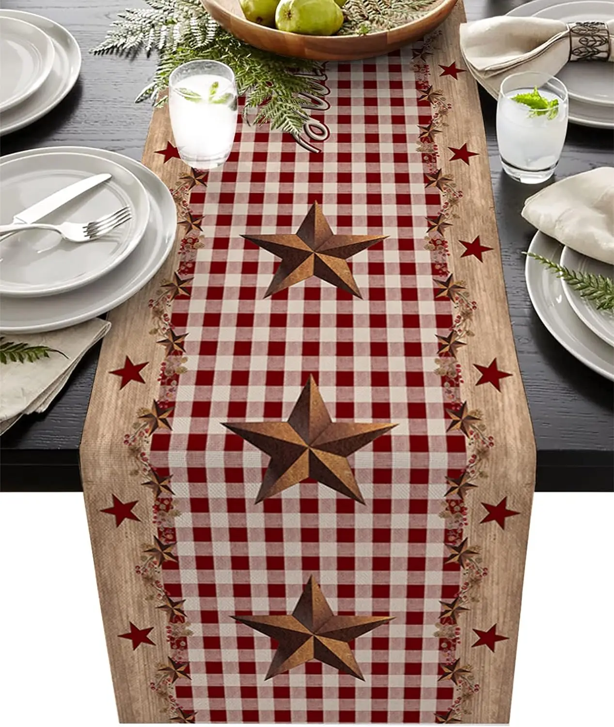 Rustic Barn Texas Western Linen Table Runners Star Berries Red Buffalo Plaid Table Runner Farmhouse Kitchen Dining Table Decor