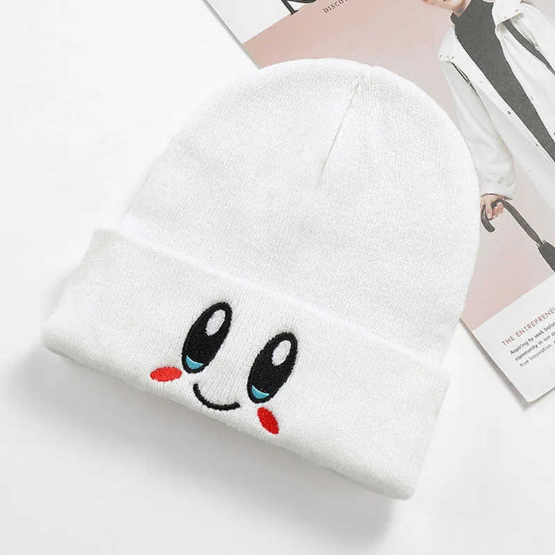 Kirby Hat Kawaii Smiley Eye Embroidered Knit Cap Stretch Cartoon Elasticity Beanie Women Student Autumn Crimping Warm Hat Gift