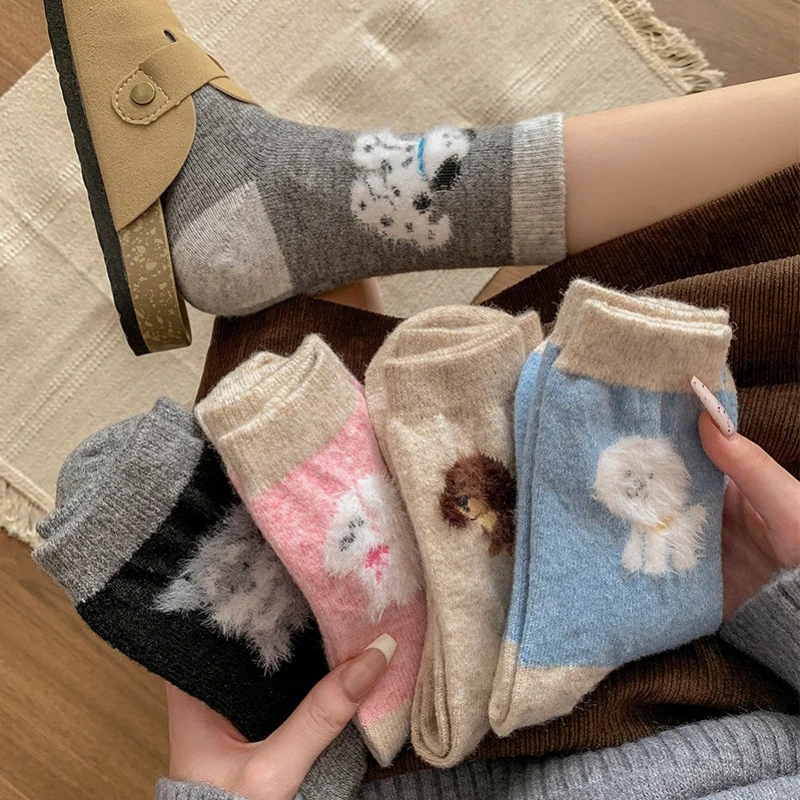

5 pairs of cute versatile autumn winter cartoon puppy socks with thick warm midsole comfortable casual wool socks